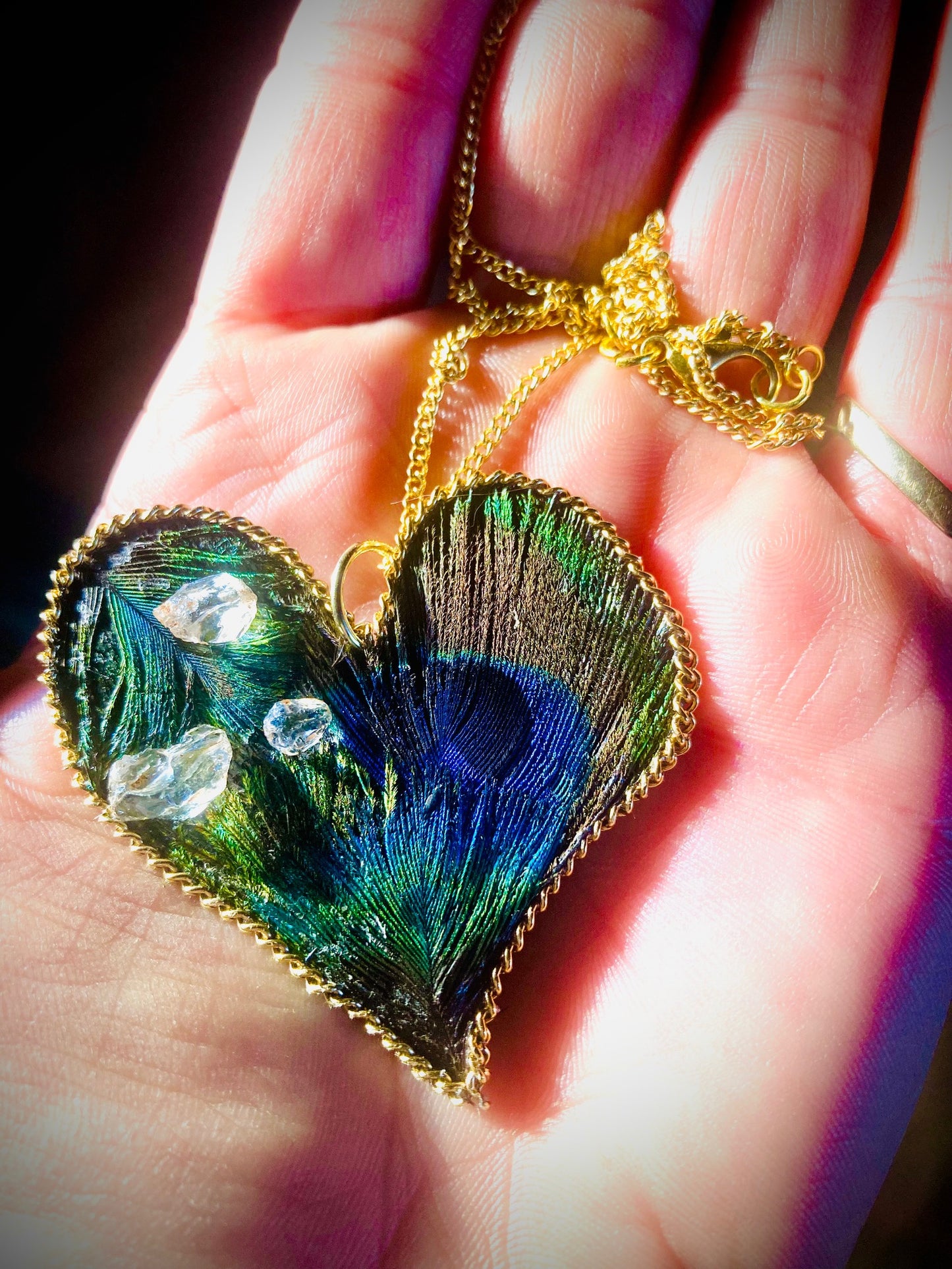 Peacock Feathered Large Heart pendant necklace