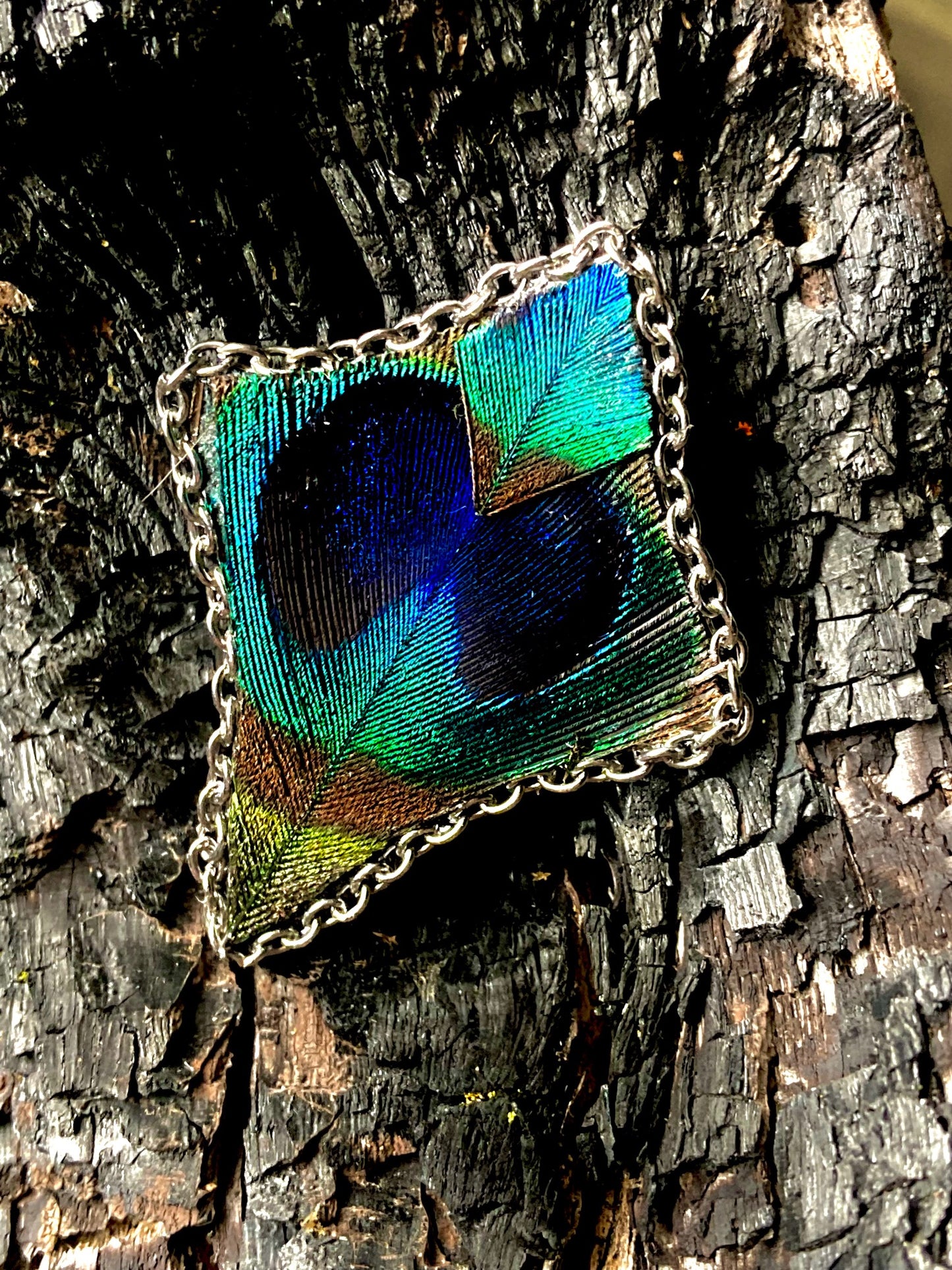 Feathered Diamond with silver chain trim pendant