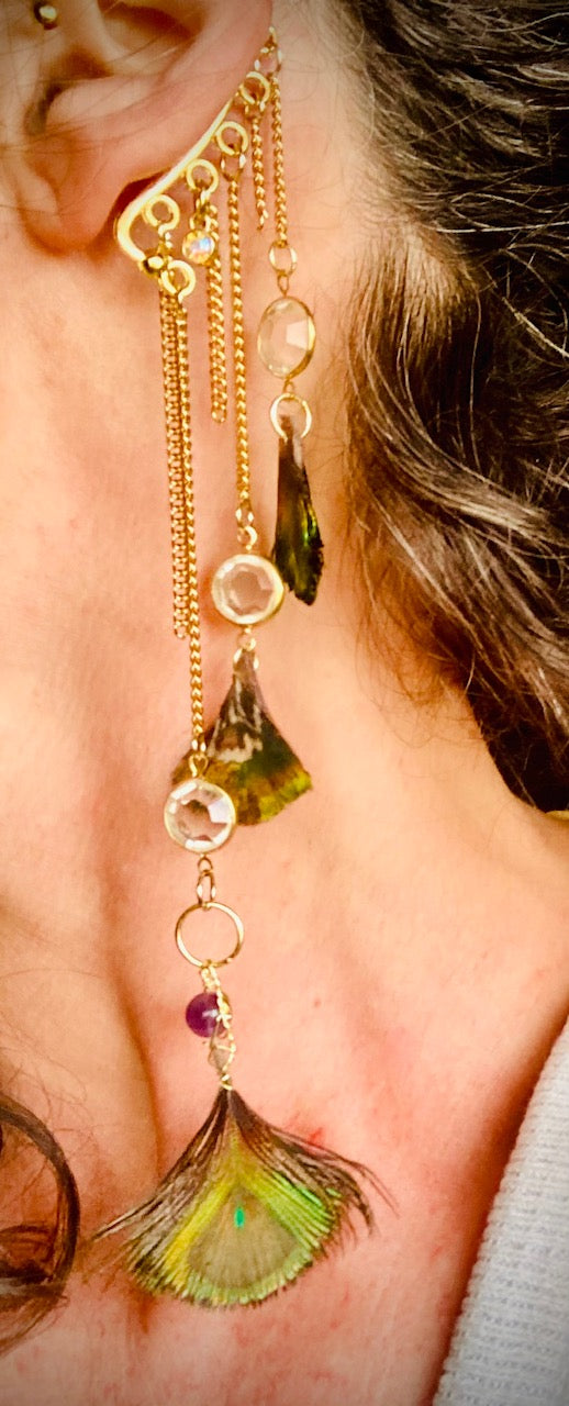 Earcuff, gold left single art deco with double sided peacock feathers and crystals