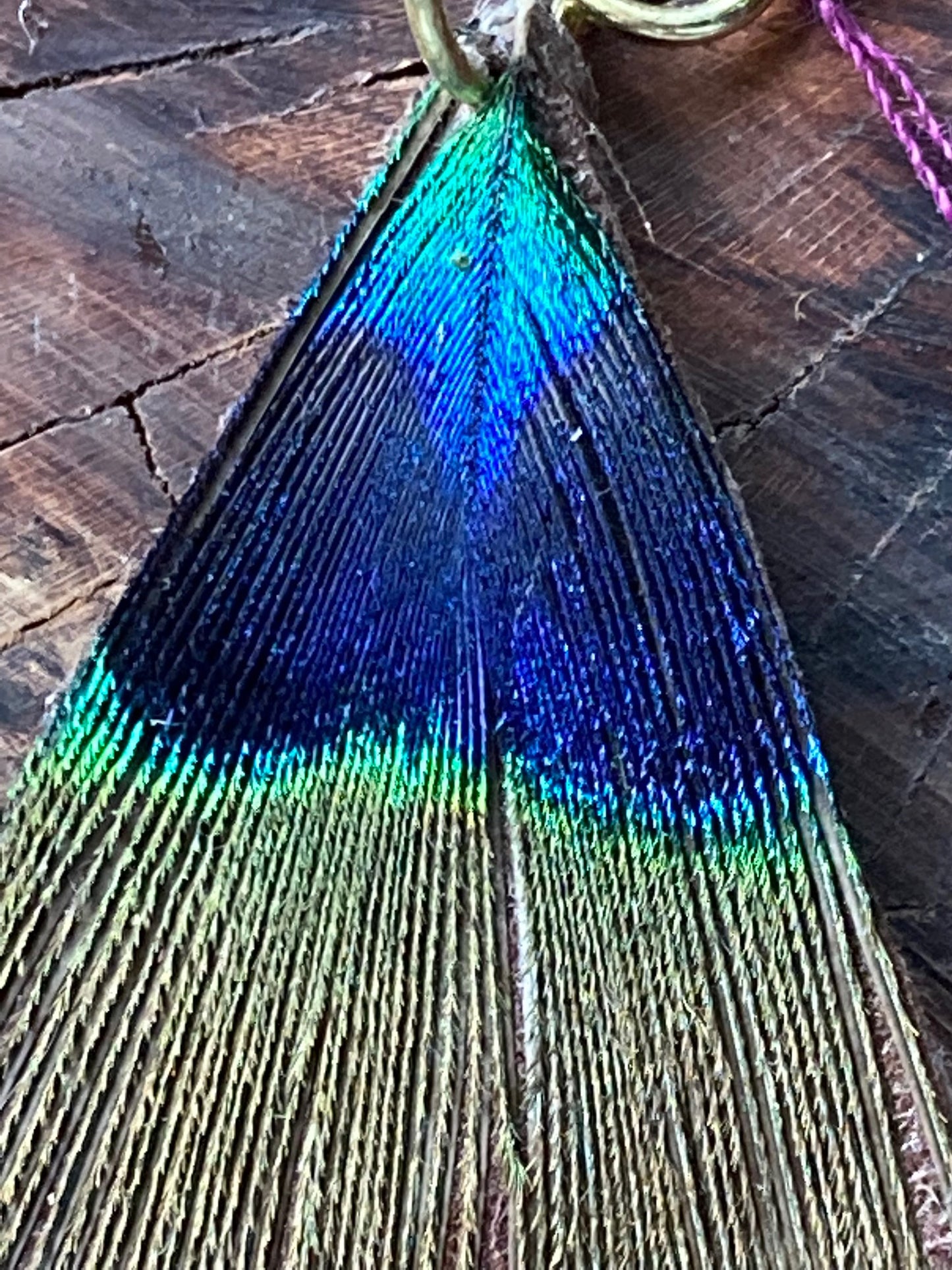 Charm, leather back triangular design peacock feather