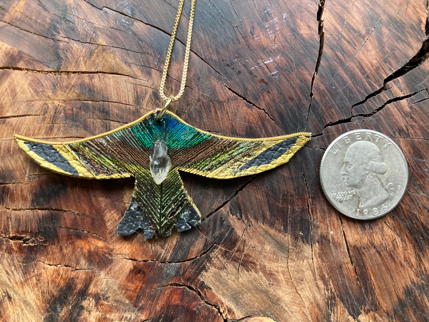 Gold trimmed feathered bird with Northern California Diamond