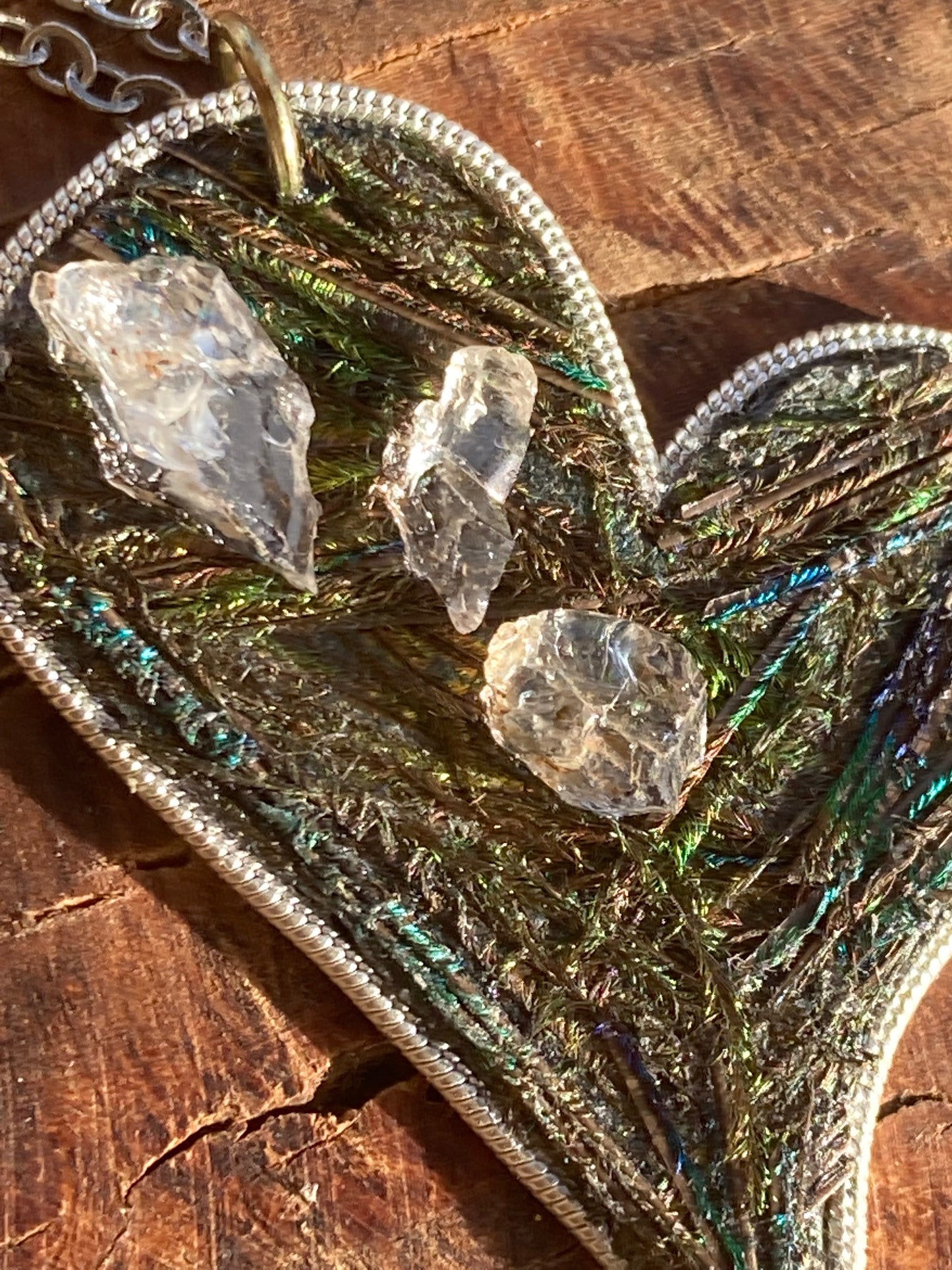 Feathered silver trimmed drop heart pendant necklace w/ Northern California diamonds