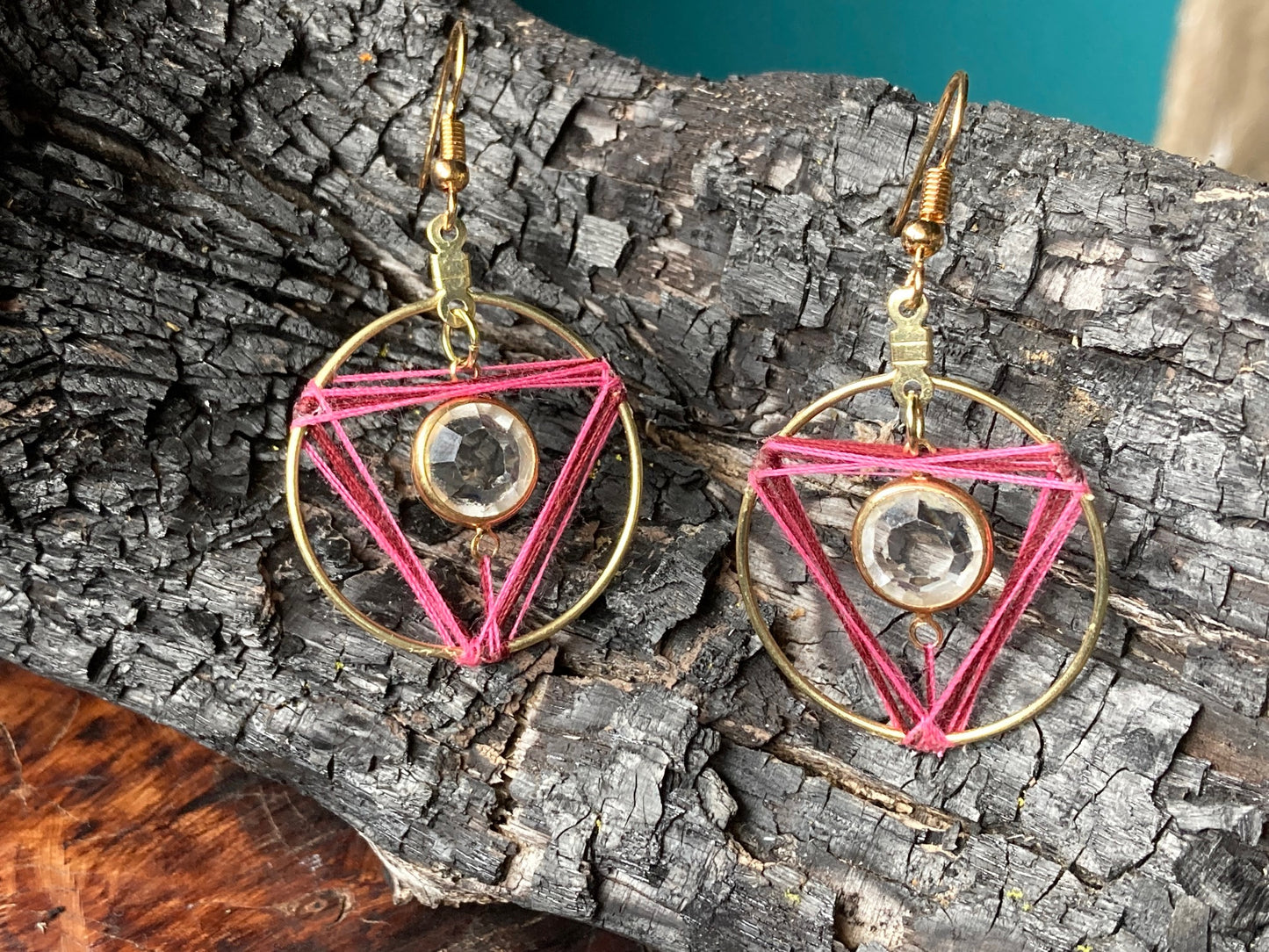 Rose string crystal gold circle earrings