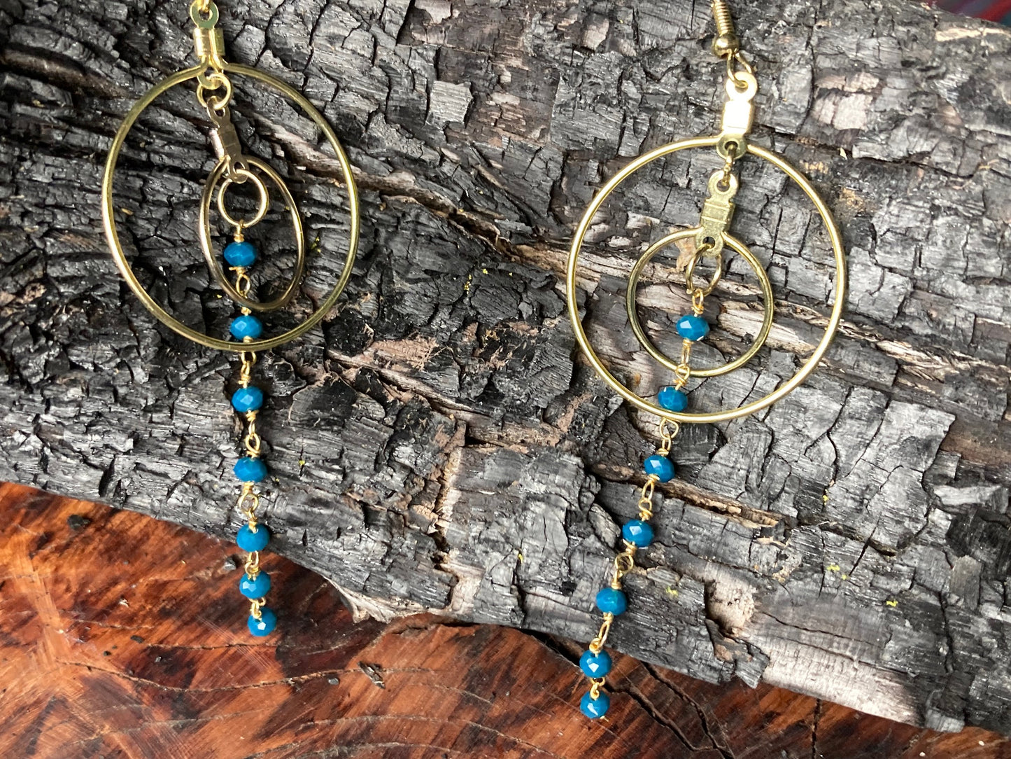 Gold Earrings, Simple circles with a string of tanzanite beads