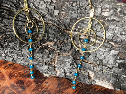 Gold Earrings, Simple circles with a string of tanzanite beads