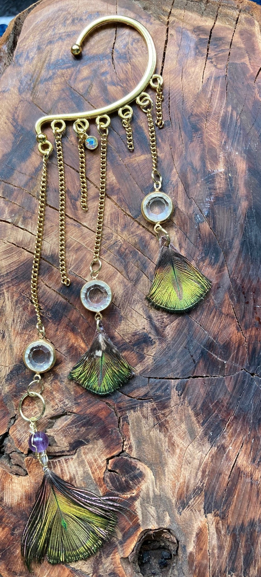 Earcuff, gold left single art deco with double sided peacock feathers and crystals