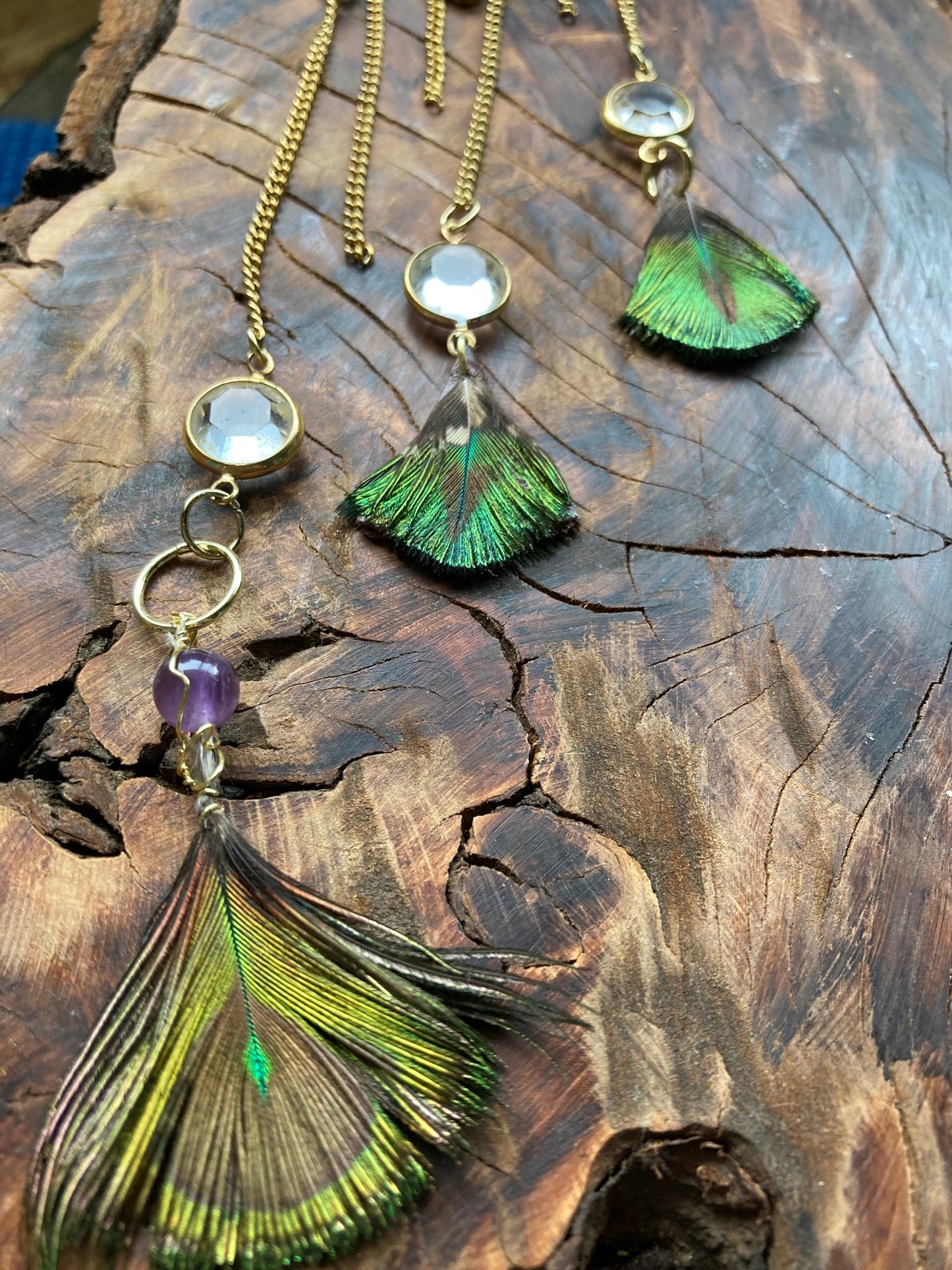 Earcuff, gold left single art deco with double sided peacock feathers and crystals