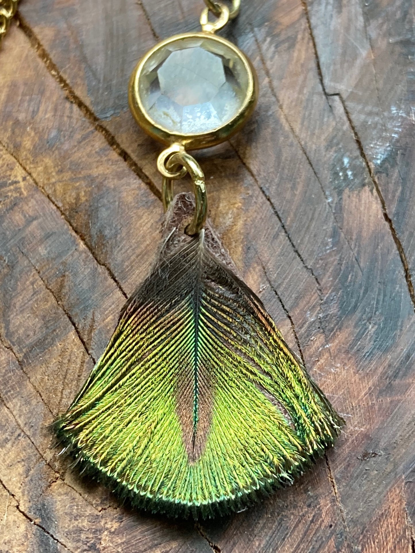 Earcuff, gold left single art deco with double sided peacock feathers and crystals