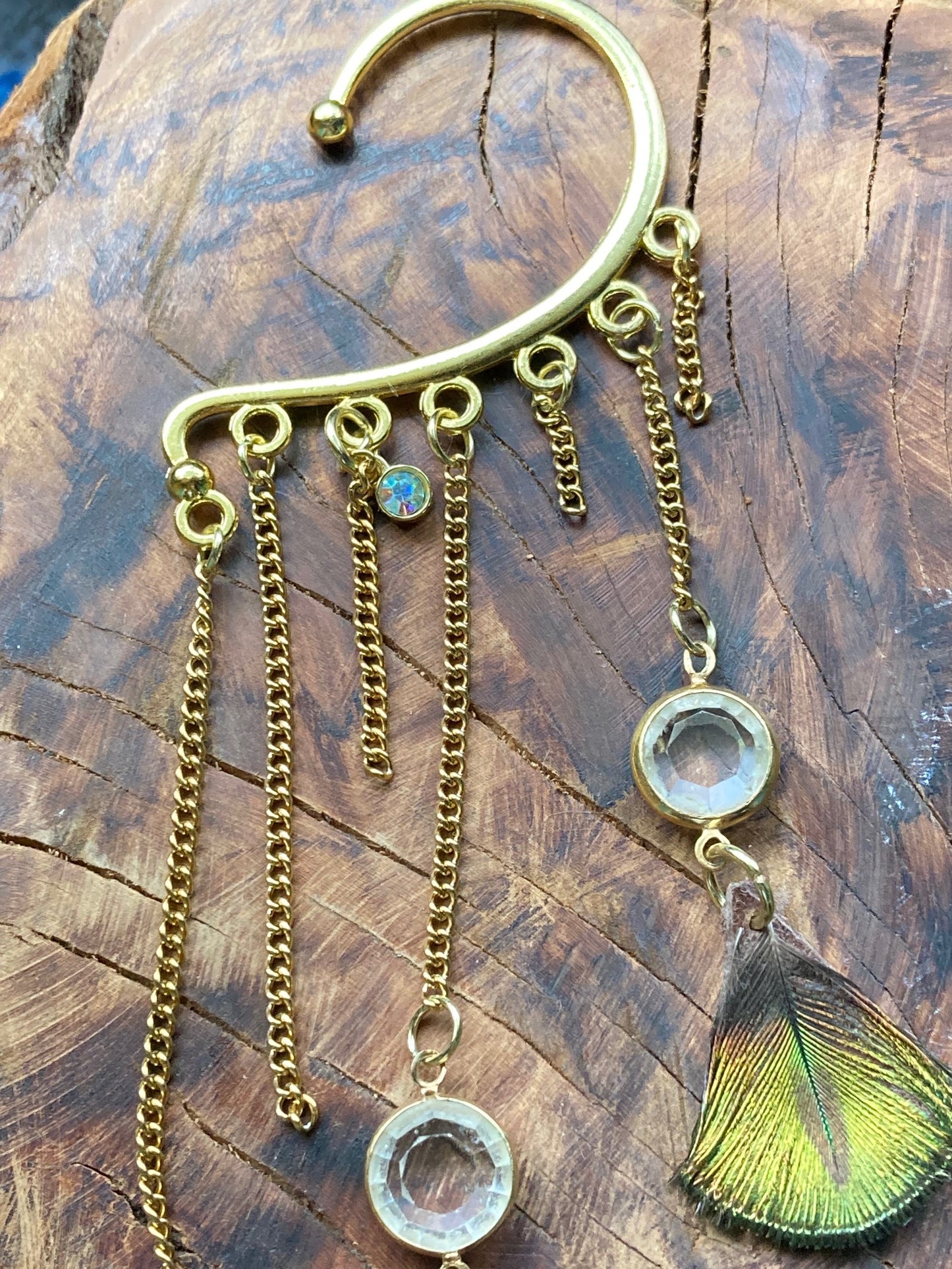 Earcuff, gold left single art deco with double sided peacock feathers and crystals