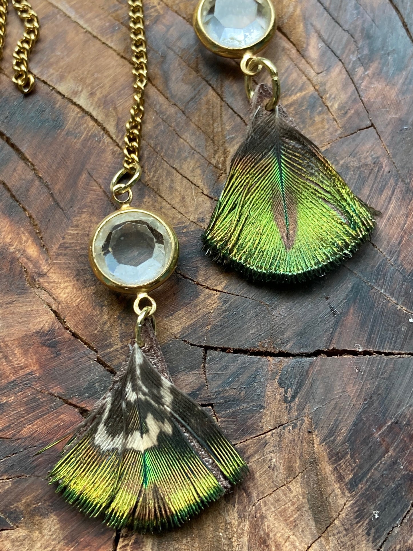 Earcuff, gold left single art deco with double sided peacock feathers and crystals