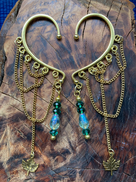 Earcuff, pair swooping gold chain with changeable bead charm