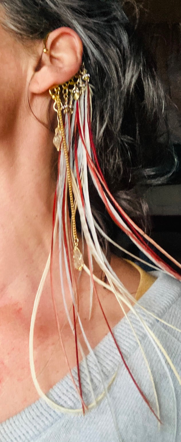 Earcuff, gold single pixy style with feathers and crystal beads