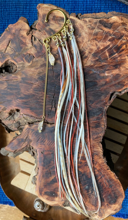 Earcuff, gold single pixy style with feathers and crystal beads