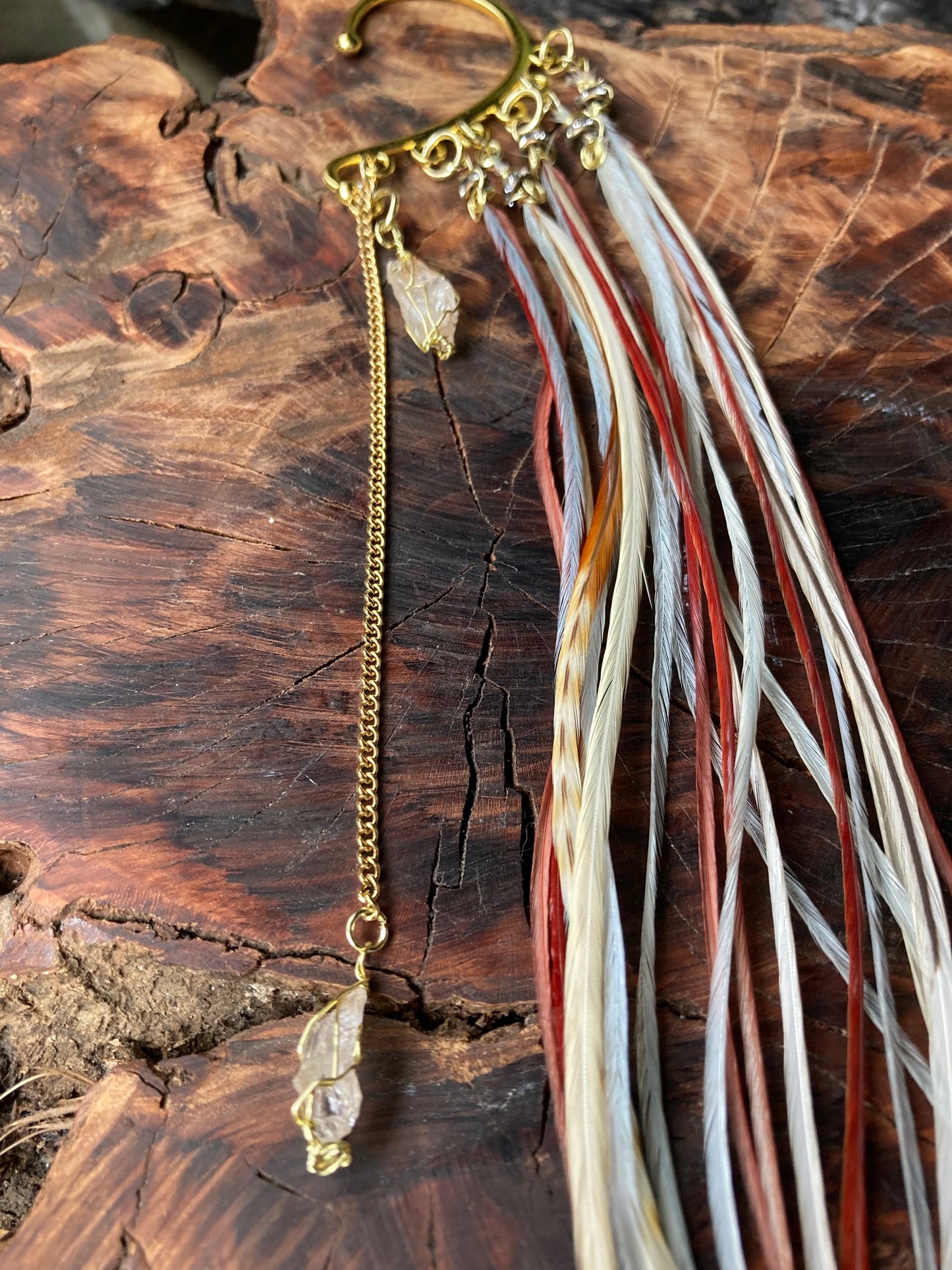 Earcuff, gold single pixy style with feathers and crystal beads