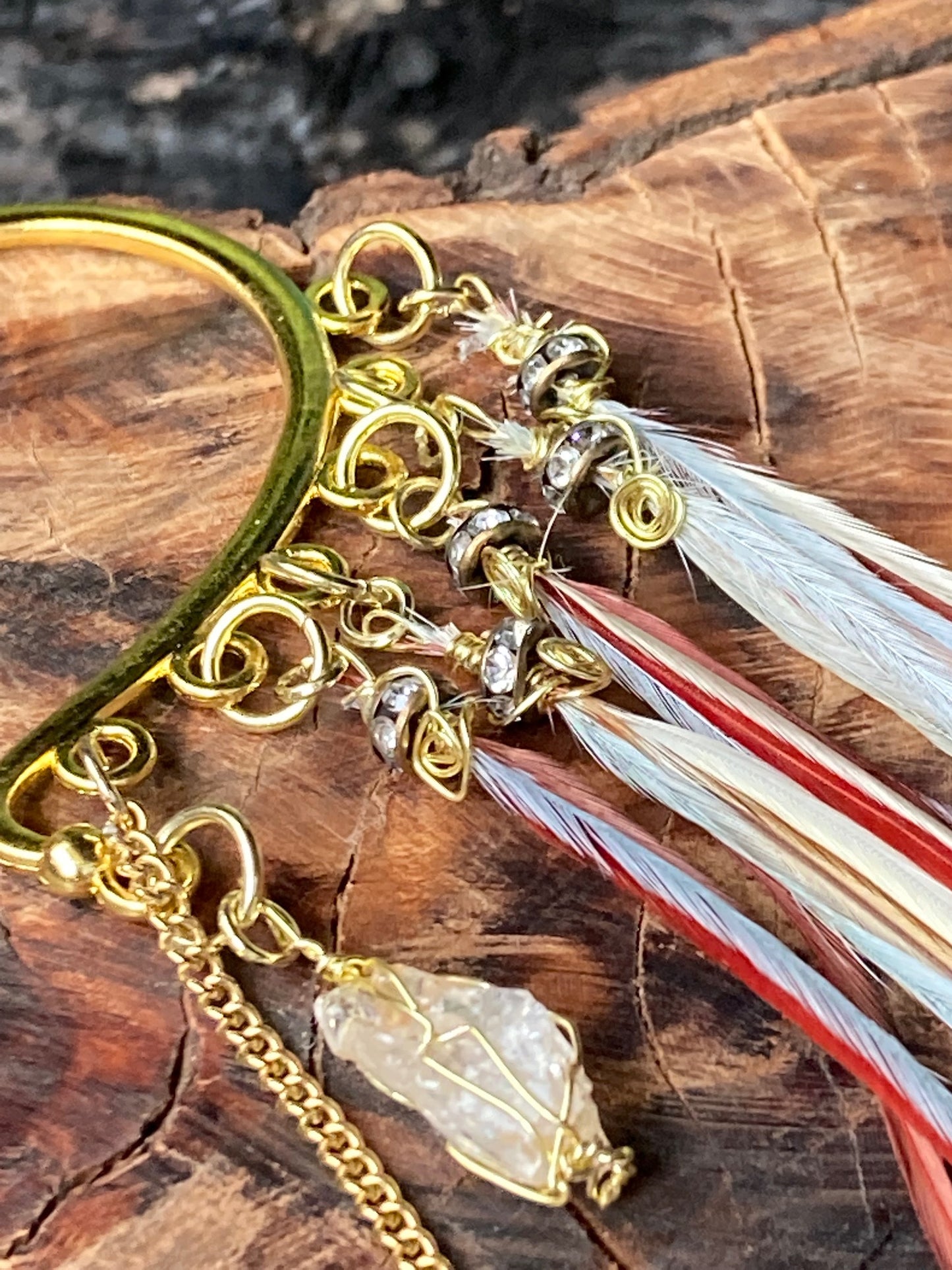 Earcuff, gold single pixy style with feathers and crystal beads