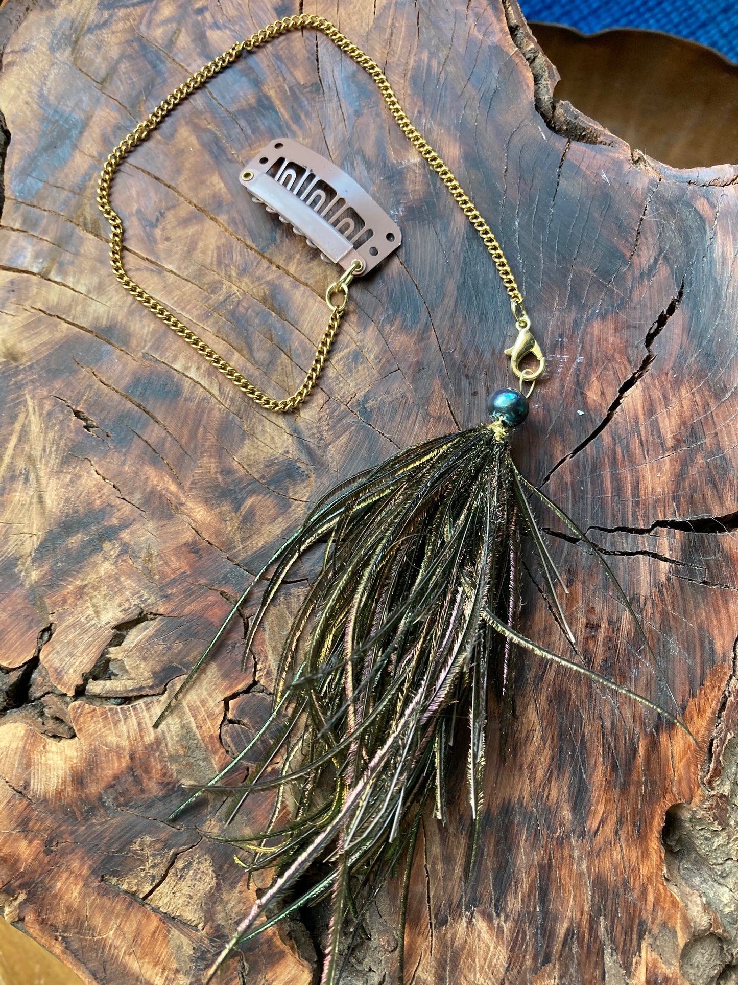 Hair feather dangle  peapoof with black freshwater pearl and bracket