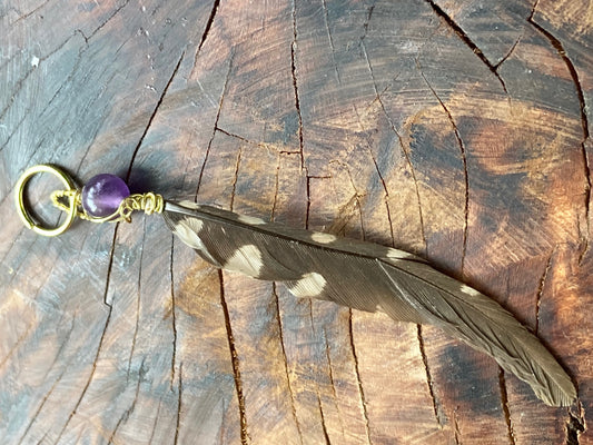 Charm, rare wood pecker feather with amethyst bead